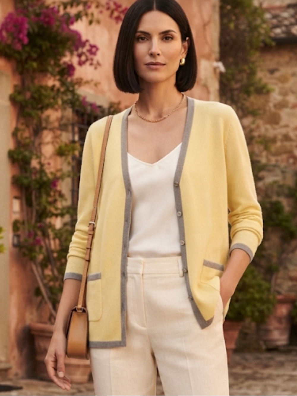ESCADA virgin wool yellow body gray border cardigan